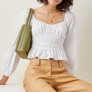 Staud Jill Ruched Cotton-Blend White Top